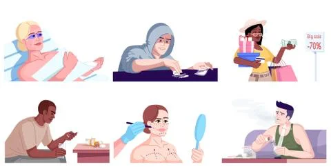 Human addiction flat vector illustrations set. Behavioral disorders. Shopahol Stock Illustration
