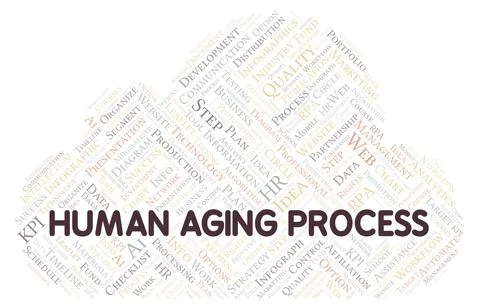 Human Aging Process typography word cloud create with the text only. Stock Illustration