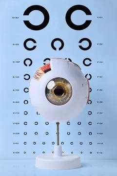 Human anatomical eye model with iris and retina displayed in front of a Lan.. Stock Photos