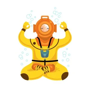 Human in ancient diving suit weditating underwater. Consept for meditation .. Stock Illustration