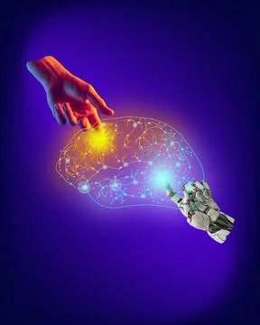 Human and 3D model of robotic hand reaching digital brain against neon 스톡 사진