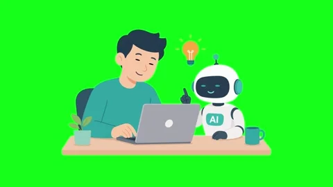Human and AI robot working together at desk, finding new idea Stock Footage 339596414