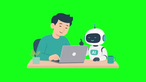 Human and AI robot working together at desk, finding new idea Stock Footage 339596445