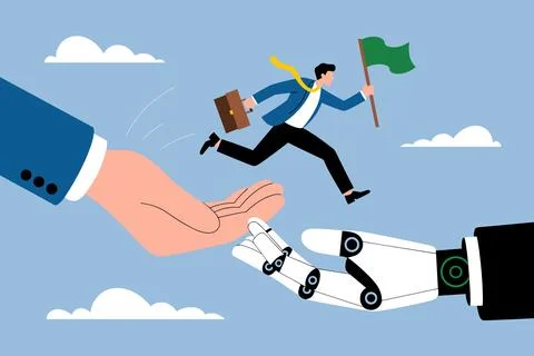 Human and AI Support Helping Businessman Reach Success Goal. Stock Illustration