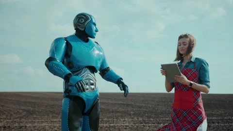 Human and android cooperation. Caucasian woman using digital tablet control Stock Footage 133289839