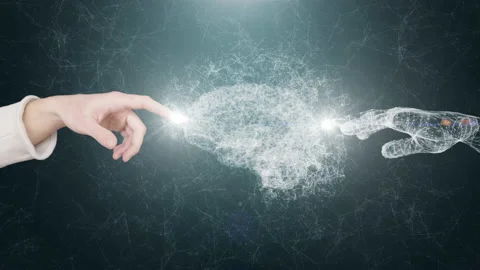 Human and computer hand touches digital AI brain. Concept of neural network Stock-Footage 149375310
