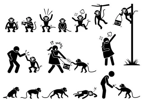 Human and monkey stick figure pictogram. Illustrations depict monkey actions  Stock Illustration
