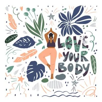Human and nature conceptual composition. Quote: love your body Stock Illustration