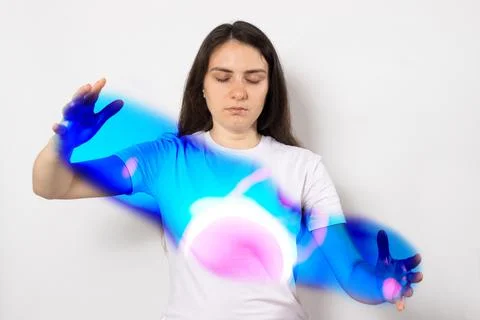 Human and quantum physics - lines, balls in blue and pink shades. Concentrati 스톡 사진