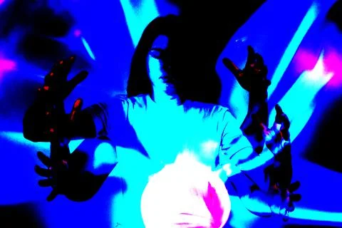 Human and quantum physics - lines, balls in blue and pink shades. 스톡 사진
