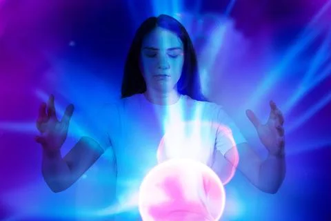 Human and quantum physics - lines, balls in blue and pink shades. Concentration 스톡 사진