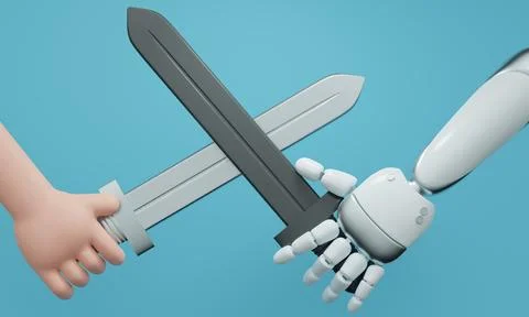 Human and robot clash swords, symbolizing technology&#039;s competition. 3d rendering Stock Illustration