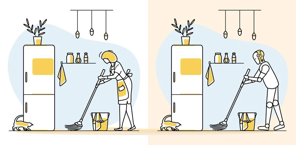 Human and robot cleaning kitchen in split view, illustrating automation and.. Illustrazione stock