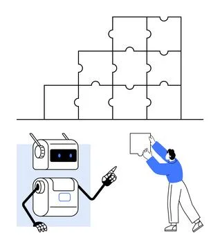 Human and Robot Collaborating to Solve Puzzle, Emphasizing Innovation and T.. Stock Illustration