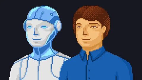 Human and robot collaboration pixel concept Stock Illustration