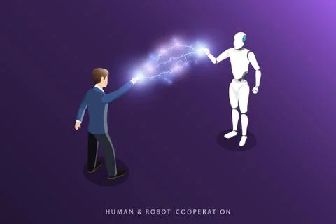 Human and robot cooperation flat isometric vector. Stock Illustration