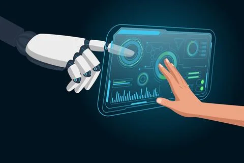 Human and Robot Hand Interacting with Futuristic Screen Stock Illustration