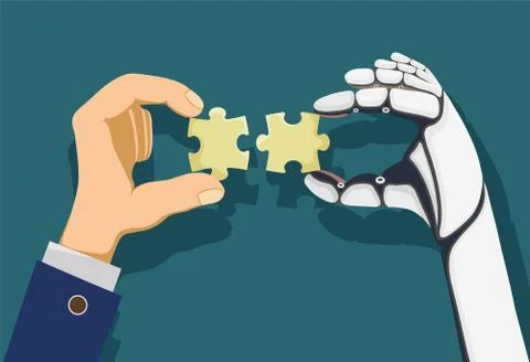 Human and a robot hands holding puzzle pieces. Stock Illustration