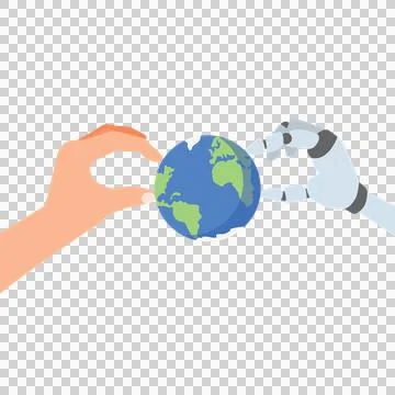 Human and Robot Hands Holding Earth Together for Future Collaboration Illustrazione stock
