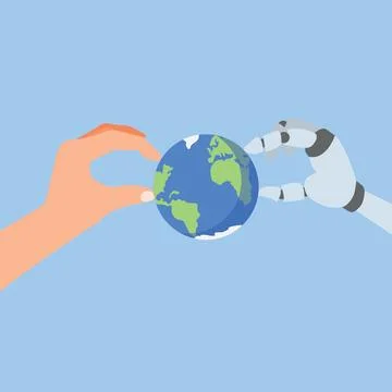 Human and Robot Hands Holding Earth Together for Future Collaboration Illustrazione stock