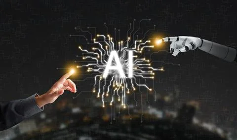 Human and robot hands touching AI circuit network with city in background. .. 스톡 사진