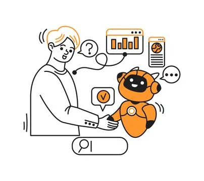 Human and Robot Interaction with Data Interface Stock Illustration