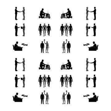Human and robot interaction silhouette set showing collaboration and techno.. Stock Illustration