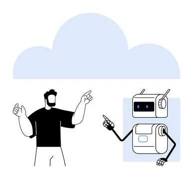 Human and Robot Interaction Under a Cloud Accent Tech Collaboration Concept Stock Illustration