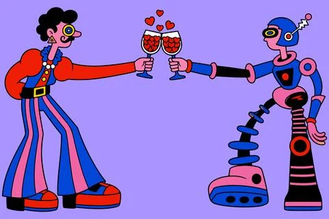 A Human and a Robot Toasting with Heart-Filled Glasses Stock Illustration