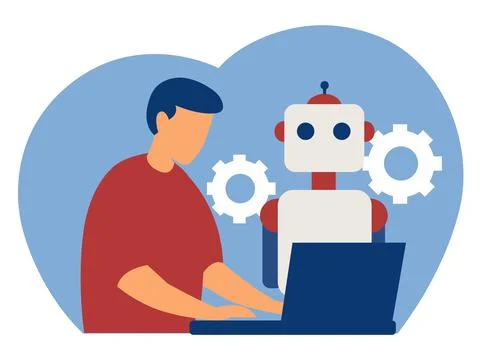Human and robot working together at a laptop. Stock Illustration