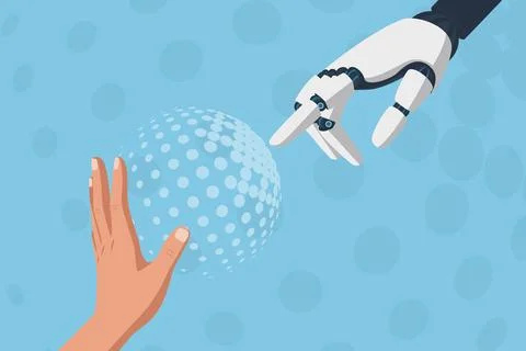 Human and Robotic Hand Reaching for Digital Sphere Stock Illustration