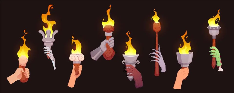 Human, animal, zombie hands holding burning torches vector set, cartoon fiery Stock-Illustration