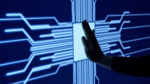 Human arm is pressing a digital button on a glowing touchscreen. Futuristic Stock Footage 146863091