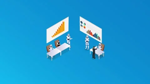 Human artificial intelligence interaction with men and women meeting robots Stock Footage 257391954