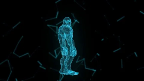 Human Avatar on Virtual 3D Holographic Projection with Futuristic Blue DNA Stock Footage 76471319