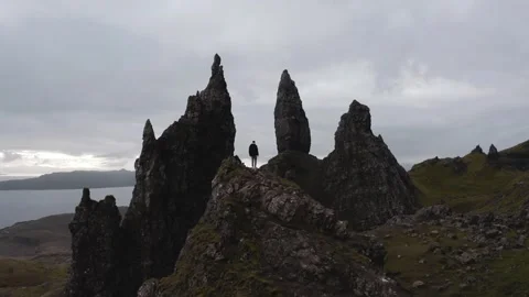 Human on the background of The Old Man of Storr Stock Footage 246389671