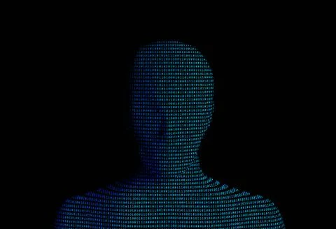 Human with binary data code number on black background. Artificial intelligen Stock Photos