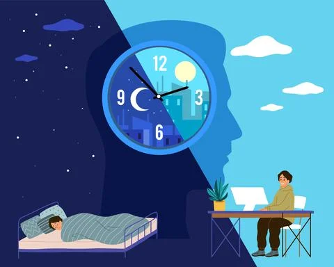 Human biological clock. Time for sleep and work, man in bed at night and working Illustrazione stock