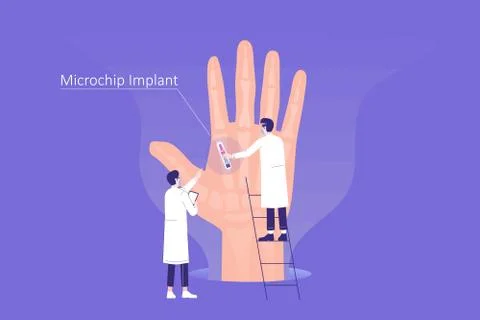 Human biometric microchipping. Scientists or specialists implanting a microch Illustrazione stock