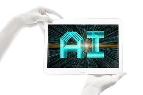 Human bionic hands holding electronic device on white background.  Artificial in Stock Photos