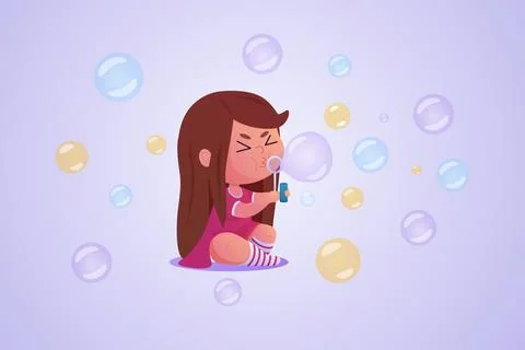 Human blow soap bubbles. Doodle air ball. Fly drop. Little girl. Colorful s.. Illustrazione stock