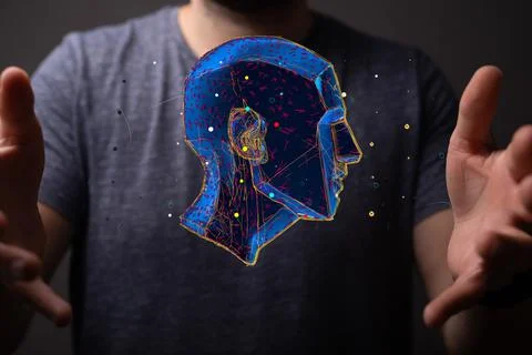 Human on blurred background creating artificial intelligence 3D rendering Stock Photos