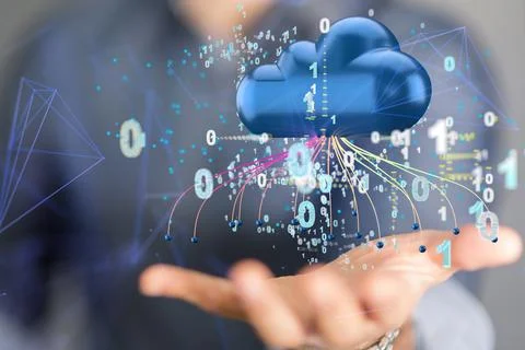 Human on blurred background using digital cloud 3D rendering with binary code 库存照片