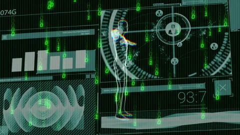 Human body analysis and biometric data processing animation over digital Stock Footage 303739325