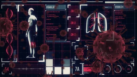 Human body and lungs analysis animation over virus particles and medical data Stock Footage 303616486