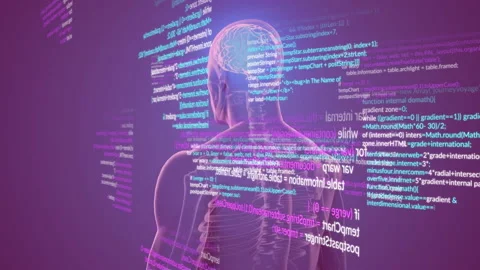 Human body with brain and code lines, data processing animation 스톡 동영상 303685345