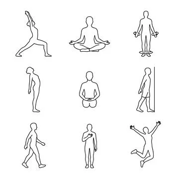 Human body outline illustrations, various fitness and exercise poses, line .. Stock Illustration