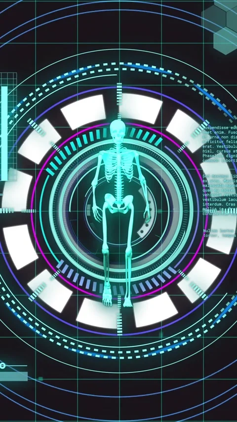 Human body scan and data analysis animation over digital interface with graphs Stock Footage 342954283