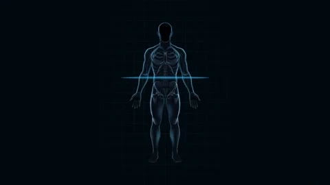 Human body scanner HUD. man skeletal system x-ray. High tech healthcare and AI 動画素材 331361363