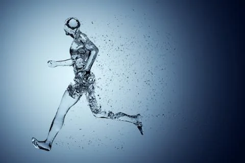 Human body shape of a running man filled with blue water on blue gradient bac Stock Illustration
